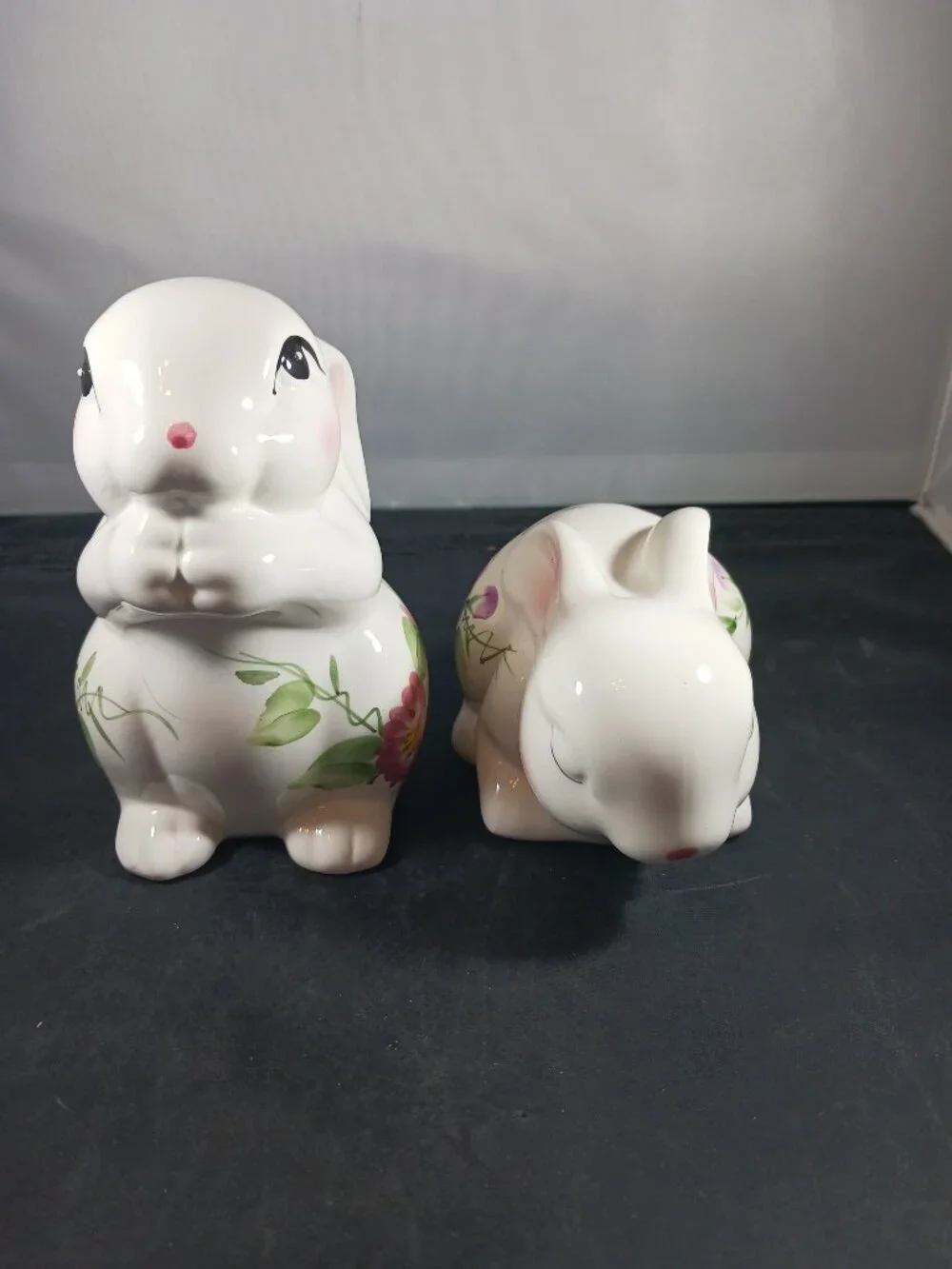 2 Vintage Ceramic Bunny Rabbit with Floral Print Body Purple Green